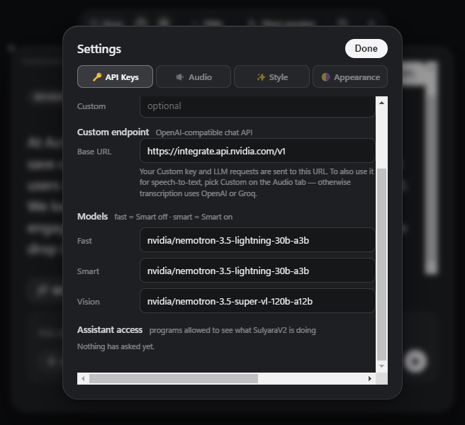 Settings, API Keys tab: a custom OpenAI-compatible endpoint with Fast, Smart and Vision model fields (example content).