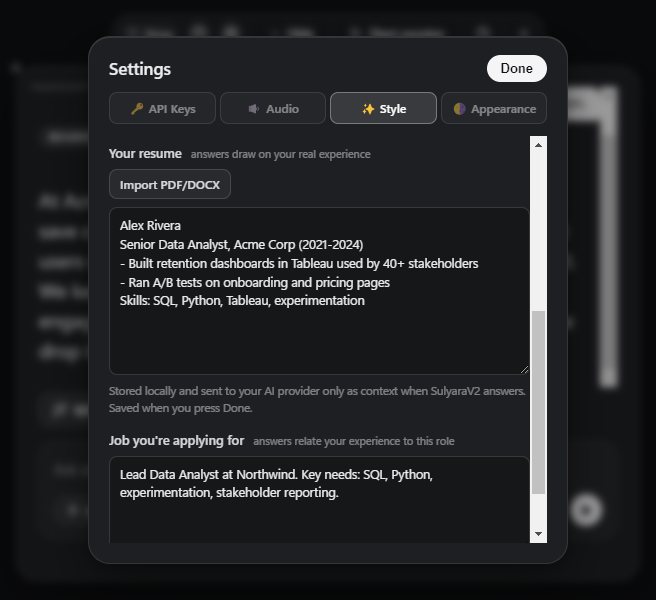 Settings, Style tab: a résumé box with an Import PDF/DOCX button and a Job you're applying for box (example content).
